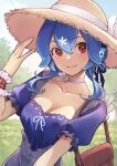  1girl absurdres bag bao_(vtuber) bao_(vtuber)_(6th_costume) blue_hair blue_shirt blush bow breasts brown_bag brown_eyes brown_headwear choker cleavage collarbone dumpling_aria_(artist) english_commentary grey_skirt hat hat_bow highres indie_virtual_youtuber medium_hair official_alternate_costume shirt shirt_tucked_in skirt smile solo straw_hat virtual_youtuber white_bow white_choker wrist_cuffs 