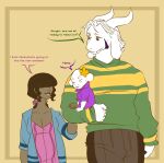  2_horns 5_fingers accessory ambiguous_gender anthro asriel_dreemurr boss_monster bottomwear bovid breasts brown_hair caprine carrying_another child cleavage clothed clothing dark_body dark_skin dialogue duo english_text female fingers flower flower_in_hair frisk_(undertale) fur hair hair_accessory hair_over_eyes hi_res horn human interspecies_relationship larger_anthro larger_male long_ears luukahaze male male/female mammal pants parent plant size_difference smaller_female smaller_human smile speech_bubble standing sweater text topwear undertale undertale_(series) white_body white_fur white_hair young 