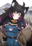  1girl absurdres ahoge animal animal_ear_fluff animal_ears animal_in_clothes bell belt black_belt black_choker black_hair blue_overalls blurry blurry_background breasts brown_coat cat cat_ears cat_girl choker coat colored_tips commentary commission fence fleshy_(vtuber) heart highres indie_virtual_youtuber multicolored_hair neck_bell overalls purple_hair shirt slit_pupils solo striped striped_shirt symbol-only_commentary teeth valefal_coneri yellow_eyes 