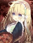  1girl :d artist_request autumn autumn_leaves basket black_dress blonde_hair blush breasts brown_background commentary_request dappled_sunlight dress eyes_visible_through_hair frilled_sleeves frills hair_between_eyes hairband hand_up harmonia_(key) highres holding holding_basket juliet_sleeves large_breasts leaf long_hair long_sleeves maple_leaf nun open_mouth outdoors puffy_sleeves second-party_source shiona_(harmonia) simple_background smile solo sunlight upper_body very_long_hair white_hairband wide_sleeves 