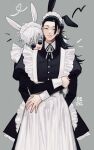  2boys :p animal_ears apron black_eyes blue_eyes closed_mouth cowboy_shot crossdressing ear_piercing fake_animal_ears getou_suguru ggss_cc gojou_satoru grey_background hair_bun hair_pulled_back hug hug_from_behind jujutsu_kaisen long_hair long_sleeves maid maid_apron maid_headdress male_focus male_maid multiple_boys piercing rabbit_ears round_eyewear short_hair smile standing sunglasses tongue tongue_out white_hair 