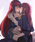  2girls alear_(female)_(fire_emblem) alear_(fire_emblem) blue_hair blush braid breasts cleavage closed_eyes crown_braid dress fire_emblem fire_emblem_engage ivy_(fire_emblem) kiss long_hair multicolored_hair multiple_girls purple_hair red_hair sitting sitting_on_lap sitting_on_person split-color_hair straddling tencryingemojis upright_straddle very_long_hair yuri 