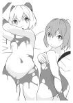  2girls absurdres ass_visible_through_thighs bound bound_wrists bow breasts cirno commentary_request covering covering_breasts daiyousei fairy_wings greyscale hair_bow highres huxiao_(mistlakefront) ice ice_wings medium_breasts monochrome multiple_girls navel petite ribbon slime_(substance) small_breasts smile thighs touhou v-shaped_eyebrows wings 