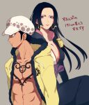  1boy 1girl abs black_hair blue_eyes boa_hancock breasts chest_tattoo cleavage collarbone commentary_request dress earrings facial_hair fur-trimmed_jacket fur_trim goatee hat highres hood huge_breasts jacket jewelry long_hair looking_at_viewer looking_to_the_side no_shirt one_piece one_piece:_stampede piratesebine purple_sash sash snake_earrings tattoo trafalgar_law very_long_hair yellow_eyes yellow_jacket 