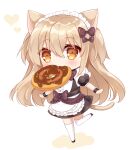  1girl animal_ears apron black_dress black_footwear blush bow brown_bow brown_eyes cat_ears colored_shadow doughnut dress food food_in_mouth frilled_apron frills hair_between_eyes hair_bow heart highres light_brown_hair long_hair maid mouth_hold original puffy_short_sleeves puffy_sleeves shadow shikito shoes short_sleeves simple_background solo standing standing_on_one_leg thighhighs two_side_up very_long_hair white_apron white_background white_thighhighs 