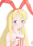  1girl absurdres amae_koromo animal_ears blonde_hair blue_eyes blush collarbone commentary drink drinking drinking_straw emma_(3one3o) hairband highres holding holding_drink hot looking_at_viewer messy_bangs messy_hair off_shoulder pink_tank_top rabbit_ears red_hairband saki signature simple_background strap_slip sweat tank_top upper_body very_sweaty white_background 