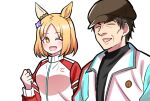  1boy 1girl absurdres animal_ears aramori_susumu black_shirt blonde_hair collared_jacket ear_covers ear_ornament hat highres horse_ears horse_girl jacket narita_top_road_(umamusume) okita_trainer one_eye_closed shirt short_hair single_ear_cover smile tracen_training_uniform trainer_(umamusume) umamusume umamusume:_road_to_the_top white_background white_jacket yellow_eyes 