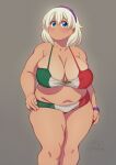 1girl arms_at_sides artist_name bikini blonde_hair blue_eyes blush breasts cloudxmoe collarbone commentary_request contrapposto dot_mouth english_text feet_out_of_frame green_bikini hairband hand_on_own_hip highres huge_breasts looking_at_viewer medium_hair mexican_flag_bikini mexican_flag_print mole mole_under_eye navel original plump purple_hairband purple_wristband red_bikini simple_background solo spanish_commentary swimsuit tareme thick_arms thick_thighs thighs white_bikini 