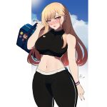  1girl absurdres armpit_crease artist_name bag bead_bracelet beads black_pants black_tank_top blonde_hair blue_sky blush bracelet breasts cloud ear_piercing earrings highres holding holding_bag hycatoart jewelry kitagawa_marin large_breasts long_hair looking_at_viewer mixed-language_commentary navel pants parted_bangs piercing pink_eyes red_lips signature sky smile solo sono_bisque_doll_wa_koi_wo_suru sweat tank_top white_background yoga_pants 