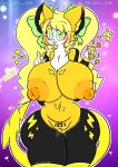  5_fingers anthro big_breasts blush bodily_fluids boltund breasts female fingers generation_8_pokemon genital_fluids genitals green_eyes hi_res huge_breasts lewdchuu_(artist) nintendo phone pokemon pokemon_(species) pussy pussy_juice solo star tail thick_thighs yellow_body 
