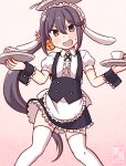  1girl akebono_(kancolle) animal_ears apron balancing bell black_hairband center_frills cup droopy_ears fake_animal_ears feet_out_of_frame fleur_de_lapin_uniform floppy_ears flower frilled_apron frilled_cuffs frilled_hairband frilled_shirt frills gochuumon_wa_usagi_desu_ka? grey_eyes grey_hair hair_bell hair_flower hair_ornament hairband jingle_bell kanon_(kurogane_knights) kantai_collection lolita_hairband long_hair one-hour_drawing_challenge puffy_short_sleeves puffy_sleeves rabbit_ears shirt short_sleeves side_ponytail solo teacup tray underbust uniform very_long_hair waist_apron waitress white_apron 