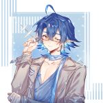  1boy ahoge arknights bishounen blue_hair bracelet coat collarbone ear_picking glasses hand_up highres jewelry lumen_(arknights) male_focus one_eye_closed open_clothes orange_eyes pointy_ears qiaokelidanjuan21194 short_hair smile solo sparkle upper_body 