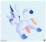  absurd_res anthro anus balls disembodied_penis eeveelution erection feral food generation_4_pokemon genitals glaceon hi_res knot looking_back lying male nintendo on_front pawpads penis pokemon pokemon_(species) popsicle senz sploot tail text url 