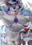  2023 absurd_res anthro balls blue_body blue_fur blush bodily_fluids canid canine cum fur genital_fluids genitals hi_res humanoid_genitalia humanoid_penis lifewonders live_a_hero male mammal meiutrola multicolored_body multicolored_fur muscular muscular_anthro muscular_male nude one_eye_closed penis purple_body purple_fur sadayoshi solo white_body white_fur 