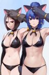  2girls animal_ears animal_hands bell bikini black_bikini blue_eyes blue_hair breasts brown_eyes brown_hair cat_ears cat_girl cleavage earrings elbow_gloves gloves highres jewelry jingle_bell leona_heidern looking_at_viewer multiple_girls navel oni_gini ponytail salute short_hair snk_heroines:_tag_team_frenzy sweatdrop swimsuit the_king_of_fighters triangle_earrings whip_(kof) 