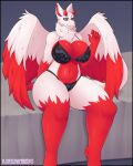 anthro breasts clothing digital_media_(artwork) female fur hi_res lingerie lykan284 simple_background smile solo solo_focus tail thick_thighs wide_hips wings 