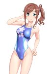  1girl absurdres blue_eyes blue_one-piece_swimsuit breasts brown_hair competition_swimsuit covered_navel floral_print hair_ornament hair_scrunchie high_school_fleet highleg highleg_swimsuit highres ise_sakura long_hair looking_at_viewer medium_breasts multicolored_clothes multicolored_swimsuit one-piece_swimsuit scrunchie side_ponytail simple_background solo standing swimsuit takafumi variant_set white_background 