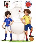  1other 2boys android ball big_hero_6 black_hair brown_hair camilo_madrigal commentary_request crossover curly_hair dark-skinned_male dark_skin encanto hand_on_own_hip highres hiro_hamada interracial looking_at_another melchencanto multiple_boys short_hair short_sleeves smile soccer_ball soccer_uniform sportswear white_background 