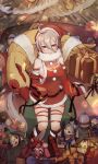  1girl absurdres ahoge breasts christmas christmas_present closed_mouth couch dress gift hat high_collar highres laevateinn_(phantom_of_the_kill) phantom_of_the_kill red_eyes red_footwear santa_dress santa_hat sideboob sitting sleeves_past_wrists solo toy upper_body wklnzq 