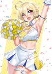  1girl absurdres ahoge arm_up armpits bare_shoulders blonde_hair blue_archive breasts cheerleader cleavage confetti cowboy_shot crop_top hair_between_eyes highres holding holding_pom_poms katou_shinobu kotori_(blue_archive) kotori_(cheer_squad)_(blue_archive) large_breasts midriff millennium_cheerleader_outfit_(blue_archive) miniskirt navel open_mouth pom_pom_(cheerleading) red_eyes short_twintails skirt smile solo twintails 