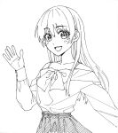 1girl absurdres bare_shoulders bow casual greyscale highres hiroyuki kanojo_mo_kanojo long_hair looking_at_viewer monochrome official_art open_mouth saki_saki_(kanojo_mo_kanojo) skirt smile solo spaghetti_strap teeth upper_body upper_teeth_only waving white_background 