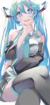  aira_(exp) aqua_hair aqua_necktie black_skirt blue_eyes blue_hair crossed_legs crypton_future_media detached_sleeves feet_out_of_frame from_below grey_shirt hair_ornament hand_on_own_chin hatsune_miku highres iridescent long_hair looking_at_viewer necktie piapro pleated_skirt shirt sitting skirt sleeveless sleeveless_shirt stroking_own_chin thighhighs twintails vocaloid white_background 