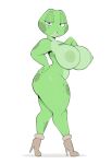  2023 amphibian anthro big_breasts breasts cleavage clothed clothing female footwear frog green_body hi_res high_heels huge_breasts looking_at_viewer midriff nude simple_background solo standing thick_thighs usnarbit 