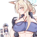  3girls animal_ear_fluff animal_ears arm_up bare_shoulders bikini black_gloves black_vest blonde_hair blue_archive blue_bikini blue_eyes breasts cleavage covered_nipples gloves halo hat highres holding holding_whistle huge_breasts kanna_(blue_archive) linea_alba multiple_girls peaked_cap profile ro_(aahnn) sharp_teeth simple_background sketch skindentation swimsuit teeth underboob upper_body valkyrie_police_academy_student vest whistle whistle_around_neck white_background 