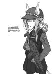  1girl animal_ears assault_rifle closed_mouth collared_shirt commentary_request cowboy_shot ears_through_headwear flat_cap greyscale gun hair_between_eyes hair_rings hat holding holding_gun holding_weapon kaya_(coocoo_kaya) long_hair long_sleeves monochrome original pantyhose pleated_skirt police police_uniform policewoman rifle shirt sig_sauer sig_sauer_mcx simple_background skirt solo translation_request uniform weapon weapon_request white_background 