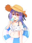  1girl absurdres alternate_costume blue_hair blue_innertube blush breasts commentary_request crop_top food green_hair hair_between_eyes hat highres hiyoku_no_crosspiece holding holding_food holding_innertube holding_popsicle innertube long_bangs long_hair looking_at_viewer midriff mole mole_under_eye multicolored_hair nanashi_inc. navel off-shoulder_shirt off_shoulder open_mouth pink_eyes popsicle salmon231 shirt simple_background small_breasts smile solo straw_hat striped_innertube sun_hat suzumi_nemo teeth tied_shirt transparent_background two-tone_hair upper_body upper_teeth_only virtual_youtuber white_innertube white_shirt 