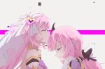  2girls bare_shoulders closed_eyes closed_mouth elysia_(herrscher_of_human:ego)_(honkai_impact) elysia_(honkai_impact) gloves hand_on_another&#039;s_shoulder highres honkai_(series) honkai_impact_3rd kiss kissing_forehead long_hair low_ponytail multiple_girls pink_hair pointy_ears ponytail rio3237337810 selfcest simple_background smile upper_body white_gloves white_headwear 