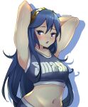  1340smile 1girl absurdres armpits arms_up bare_shoulders blue_eyes blue_hair breasts clothes_writing commentary crop_top fire_emblem fire_emblem_awakening hairband highres long_hair looking_at_viewer lucina_(fire_emblem) midriff navel open_mouth small_breasts solo sports_bra stomach upper_body very_long_hair 