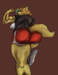  anthro back_muscles big_butt bottomwear butt canid canine chiguibara clothing female fennec flexing flexing_bicep fox fur grin hi_res low-angle_view mammal muscular nipple_outline shorts smile solo thick_thighs yellow_body yellow_fur 