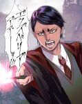  1boy absurdres alternate_costume black_hair black_robe collared_shirt dark-skinned_male dark_skin diagonal-striped_necktie golden_kamuy gryffindor highres hogwarts_school_uniform holding holding_wand koito_otonoshin long_sleeves looking_at_viewer male_focus necktie red_necktie robe school_uniform shirt short_hair striped_necktie very_short_hair wand 