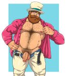  1boy absurdres bara bare_pectorals beard belly belt blue_male_underwear blush brown_hair chest_hair collared_shirt facial_hair feet_out_of_frame flaccid growlygruntz hairy hand_hair hat highres large_pectorals long_beard looking_at_viewer lui_(tenkuu_no_shiro_laputa) male_focus male_pubic_hair male_underwear male_underwear_pull mature_male muscular muscular_male navel navel_hair nipples old old_man open_belt open_pants pants pectorals penis pink_shirt plump pubic_hair sanpaku shirt short_hair solo standing stomach strongman_waist tenkuu_no_shiro_laputa thick_beard thick_eyebrows thick_mustache top_hat uncensored underwear undressing veins veiny_penis 