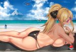  1girl absurdres anima_(togashi) ass bare_arms bare_shoulders beach beach_towel bikini bikini_bottom_only blue_sky breast_press breasts cleavage cloud cloudy_sky commentary_request cynthia_(pokemon) day garchomp hair_ornament high_ponytail highres large_breasts long_hair looking_at_viewer looking_over_eyewear lucario lying milotic mountain ocean on_stomach outdoors parted_lips poke_ball pokemon pokemon_(creature) pokemon_(game) pokemon_dppt purple-tinted_eyewear sideboob simple_background sky sunglasses sweat sweatdrop swimsuit thighs tinted_eyewear topless towel water 