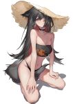  1girl absurdres animal_ears arknights bandeau barefoot between_legs black_bandeau black_choker black_hair black_panties brown_headwear choker colored_inner_hair earrings extra_ears hair_between_eyes hat highres jewelry kneeling long_hair looking_at_viewer multicolored_hair navel orange_eyes panties red_hair rui_(woyoudabing_rui) simple_background solo straw_hat tail tail_between_legs texas_(arknights) underwear very_long_hair white_background wolf_ears wolf_girl wolf_tail 