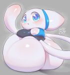  anthro big_butt blue_eyes blush butt clothing felid female fingerless_gloves gloves handwear hi_res huge_butt huge_thighs keyhat_tk10 leotard looking_at_viewer looking_back mammal open_mouth sitting solo thick_thighs tiril white_body 