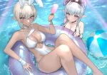  2girls animal_ears black_choker black_one-piece_swimsuit blonde_hair blue_hair breasts brown_eyes choker commentary_request dark-skinned_female dark_skin fake_animal_ears food highres hitowa ice_cream innertube large_breasts looking_at_viewer multiple_girls o-ring o-ring_swimsuit one-piece_swimsuit original pointy_ears purple_eyes rabbit_ears short_hair short_hair_with_long_locks smile swimsuit water white_choker white_one-piece_swimsuit wrist_cuffs 