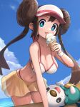  1girl bikini bikini_skirt bikini_under_clothes blue_eyes blue_sky breasts brown_hair cleavage cloud day double_bun doughnut_hair_bun gonzarez hair_bun highres ice_cream_cone large_breasts leaning_forward licking looking_at_viewer navel oshawott outdoors pokemon pokemon_(creature) pokemon_(game) pokemon_bw2 rosa_(pokemon) skirt sky stomach swimsuit tongue tongue_out twintails visor_cap watch wet white_bikini wristwatch yellow_skirt 