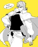  1boy bracelet cape closed_mouth commentary_request dio_brando earrings english_text grm_jogio happy_birthday headband jacket jewelry jojo_no_kimyou_na_bouken long_hair long_sleeves looking_at_viewer male_focus nail_polish pants solo speech_bubble stardust_crusaders yellow_background 