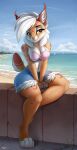  absurd_res anthro beach bottomwear breast_squish breasts clothing felid feline female hi_res lightly-san lynx mammal scenery sea seaside shorts sitting solo squish water whitney_(energyvector) 