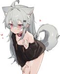  1girl ahoge animal_ear_fluff animal_ears bandaid bandaid_on_cheek bandaid_on_face bandaid_on_nose bare_legs belt_collar black_hoodie blush bottomless breasts closed_mouth collar commentary crossed_bangs drawstring extra_ears fenrir_(fenriluuu) grey_hair hair_between_eyes hair_ornament hairclip heart highres hood hood_down hoodie leaning_forward long_sleeves nail_polish off_shoulder original pink_eyes pink_nails red_collar rir-chan simple_background single_bare_shoulder sketch small_breasts solo symbol-only_commentary tail white_background wolf_ears wolf_girl wolf_tail 