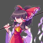  1girl ascot black_hair bow cowboy_shot detached_sleeves english_commentary frilled_bow frills gohei grey_background hair_between_eyes hair_bow hair_ornament hair_tubes hakurei_reimu hand_on_hip highres holding holding_stick light_smile looking_at_viewer medium_hair red_bow red_eyes red_skirt ribbon-trimmed_sleeves ribbon_trim sarashi simple_background skirt solo stick texusa1 touhou twitter_username wide_sleeves yellow_ascot 