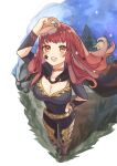  1girl absurdres belt black_cape blush bodysuit cape choker clothing_cutout collarbone facial_mark fire_emblem fire_emblem_engage from_above gold_belt hair_ornament highres kans0u55 long_hair looking_up pink_choker purple_bodysuit red_hair side_cutout solo star_(symbol) star_facial_mark star_hair_ornament yellow_belt yunaka_(fire_emblem) 