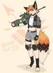  absurd_res anthro awp bottomwear canid canine clothed clothing digitigrade fingerless_gloves footwear fox gloves gun handwear hi_res jacket knee_pads male mammal ranged_weapon roonefox shorts simple_background socks solo standing toeless_footwear toeless_socks topwear weapon white_background yellow_sclera 