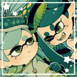  2girls bare_shoulders black_dress black_gloves black_hair bow-shaped_hair callie_(splatoon) cephalopod_eyes clenched_hand close-up coat collarbone collared_coat commentary_request cup_on_head dress ear_piercing fangs food food_on_head frown gloves gradient_hair green_eyes grey_coat grey_hair holding holding_umbrella long_hair long_sleeves looking_at_another lowres marie_(splatoon) multicolored_hair multiple_girls object_on_head oil-paper_umbrella one_eye_closed open_mouth parted_lips piercing pointy_ears potsupo short_hair siblings silver_collar silver_earrings sisters sleeveless sleeveless_dress smile splatoon_(series) splatoon_3 star_(symbol) sushi tentacle_hair umbrella upper_body 