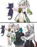  2boys 2girls animal_ears arlecchino_(genshin_impact) carrying cat cat_ears cat_tail dress elf genshin_impact highres kamiiart lynette_(genshin_impact) multiple_boys multiple_girls nahida_(genshin_impact) pantyhose pointy_ears scaramouche_(genshin_impact) simple_background smile sparkle tail wanderer_(genshin_impact) white_background white_hair 