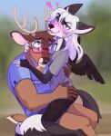  &lt;3 anthro antlers back_wings black_body black_feathers black_fur blep blurred_background blush blush_lines bottomwear brown_body brown_fur canid canine capreoline cheek_tuft clothing deer divinity_(deluxl) duo english_text facial_tuft feathered_wings feathers fox fur girly hair heresvix hi_res horn long_hair male mammal nervous nervous_smile shirt shorts simple_background smile smirk smug smug_face sukia_cervio t-shirt tan_body tan_fur text tongue tongue_out topwear tuft white-tailed_deer white_body white_fur white_hair wide_eyed wings 