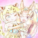  2girls animal_ears arizonan_jaguar_(kemono_friends) bare_shoulders blonde_hair blue_eyes brown_hair chipmunk_ears chipmunk_girl chipmunk_tail elbow_gloves extra_ears gloves highres jaguar_ears jaguar_girl jaguar_tail kemono_friends kemono_friends_3 kemono_friends_v_project multiple_girls ribbon saival_cat shirt short_hair shorts siberian_chipmunk_(kemono_friends) simple_background skirt sleeveless sleeveless_shirt suspenders tail virtual_youtuber 